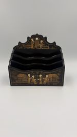 Antique Oriental Black Lacquer Letter Rack Chinoiserie Gilt Wall Mounted