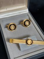 Dunhill Vintage Cufflinks Tie Clip Set Gold Tone Black Onyx Style w/ OG Box