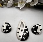 Vintage Black & White Hearts Design Brooch Pin & Post Earring Set