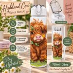 Highland Cow Water Bottle 750ml 26oz Leak Proof Straw Pop Up Lid