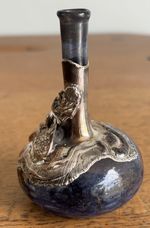 Iridescent Art Glass Scent Perfume Bottle Bud Vase Blue Silver Floral Overlay 