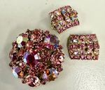 WEISS Signed Pink Rhinestone Brooch Earrings Set AB Aurora Borealis Gold Tone