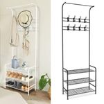 New Coat and Hat Stand 8 Hooks Metal Shoe Rack 3 Tiers Shelf Hanger Black