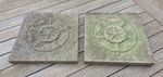 PAIR WEATHERD TUDOR ROSE STONE CARVINGS 8'' X 8''