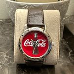 Coca-Cola Red Dial Bottle Logo Watch Brown Leather Strap Stainless Steel Back