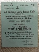 Great Britain v USA Ladies International Tennis Match TICKET STUB 14 JUNE  1946