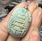 VTG ancient EGYPTIAN SCARAB Sterling Silver Green Stone Carved PENDANT 925 stamp