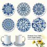6pcs Blue White Porcelain Mandala Flower Wooden Coasters Heat Resistant 