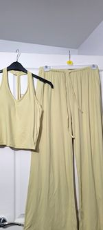 Women’s Beige 2-Piece Jersey Set V-Neck Sleeveless Top Wide-Leg Trousers S