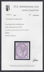 1881 GB Sg172a 1d Bluish Lilac Die 2 single stamp PTS cert Tone spot Unmounted