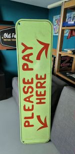 Vintage Large 1980s “Please Pay Here” Hand Painted Shop Sign 60" x 15.5" Retail
