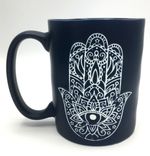 WANDERING MOON  EYE HAMSA Hand of Fatima Ceramic Coffee Mug Tea Cup Dark Blue UK