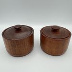 Vintage Teak Lidded Storage Pots Danish Scandinavian Style Mcm Turned Pair