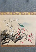 Japanese Hanging Scroll Plum Blossoms Bird 坪内正庵 With Box Certificate