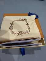 LV Rose Gold Tone Metal Cable Chain CZ Flower Dangle Charm Bracelet