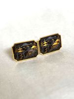 Vintage Japanese Damascene Cufflinks Mt Fuji Pagoda Zogan Inlay Gold Tone Retro