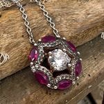 Vintage 925 Sterling Silver Red & White CZ Floating Pendant Necklace, 18"