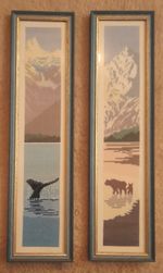 Framed Cross-Stitch Artwork x 2. Rob Goldberg. Tale Of A Whale. Grizzly Country.