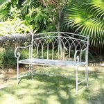 2 Seat Vintage Garden Bench - White Antique Finish, Wrought Iron, Easy Assembly