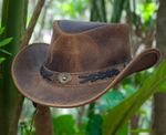 Real Leather Australian Western Cowboy Distressed Cow Hide Bush Hat & ChinStraps