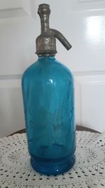 Vintage French Pontivy Blue Glass Soda Syphon Etched Retro Barware Bottle 12"