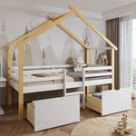 White Wooden Kids House Bed Frame with Storage Drawers 3 FT Single Kids Sleeper