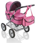 Molly Dolly Dolls Pram - Toy Pram With Adjustable Handle Height (Pink Polka Dot)