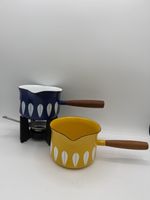 Cathrineholm Yellow & Blue Lotus Striped Butter Warmers With Stand Vintage Mcm