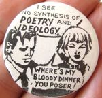 SYNTHESIS OF POETRY IDEOLOGY vintage 1970s pop art comic culture 32mm pin BADGE