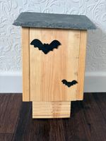 Wooden Bat House Rectangle Grey Roof Black Bat Décor Bottom Entrance