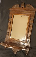 RARE Superb Antique 19th Century Cast Iron Wood Patinated Wall Mirror & Shelf