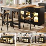Extendable Kitchen Island Black Dining Table 3 Drawers LED Glass Storage Cabinet