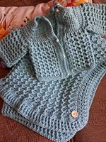 Blue Crochet Layette Set 0-3 Months 3pc Jacket Hat Blanket Button Closure