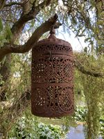 RUSTY METAL HANGING MOROCCAN STYLE CANDLE LANTERN GARDEN ORNAMENT