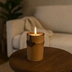 Handmade Bamboo Candle Holder with Candle 12.5cm Rustic Home Decor UK, gift boho