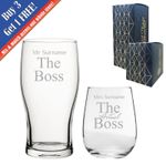 Personalised Engraved His and Hers Beer and Stemless Wine Set, The Actual Boss
