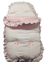 Frilly Broderie Anglaise Footmuff/Cosy Toes - Pink with Ribbons