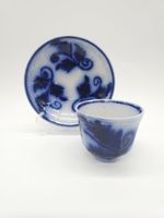 Antique Flow Blue Teacup & Saucer Bold Floral Scroll Pattern Unmarked Victorian