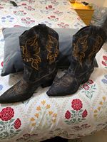 Western Cowboy Ankle Boots Black/Charcoal with Embroidered Detail Block Heel