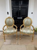 Pair Louis XVI Gilt Armchairs Fauteuil Turquoise Green Damask Upholstery French
