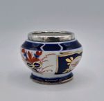 Antique Gaudy Welsh Mustard Pot With Sterling Silver Rim Hallmarked London 1905