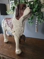 St. Bernard Dog Vintage Statue Thick Ceramic With Whiskey Barral 13.5 X 11 In. 