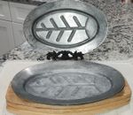 Vintage Aluminum Fish & Steak Sizzle Servers with Wooden Holders Japan Rare SET!