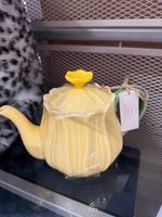 NEW Ocotea Home Yellow Teapot With Flower Green Handle Ceramic