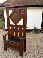 Arts & Crafts. Early 20th Century oak hall stand, seat, hooks and umbrella stand