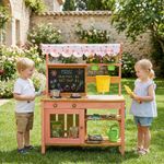 Wooden Kids Mud Kitchen with Canopy, Planter Box, Accessories for Age 3-6, Pink