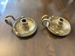 Pair Antique Victorian Brass Chambersticks Figural Snake Serpent Candle Holders