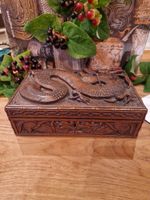 Antique Hand-Carved Ornate Champhor Wood Dragon Box With Bamboo Style Border