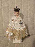 Vintage Plastic / Chalkware Infant Of Prague Statue With Satin Robe 12-in Tall