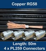 50m Copper Black RG58 50 Ohm Coaxial Cable 4 x PL259 UHF CB Radio Ham Aerial